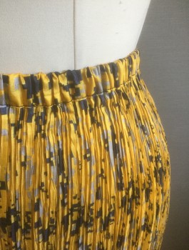 Womens, Suit, Skirt, Sunflower Yellow, Navy Blue, Gray, Polyester, Abstract , W28-36, L, Crinkled Texture Material, Elastic Waist, Hem Mid-calf, Flared Tulip Shape at Hem