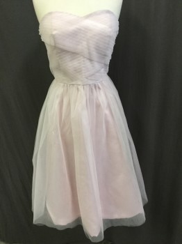 Womens, Cocktail Dress, HELL BUNNY VIXEN, Lt Pink, Polyester, Solid, L, Strapless, Light Pink Diagonal Pleat Criss-cross Detail Work Top Front and Horizontal Pleat Back, Gathered 3/4 Length Skirt, Zip Back,