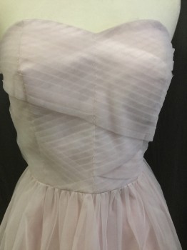 Womens, Cocktail Dress, HELL BUNNY VIXEN, Lt Pink, Polyester, Solid, L, Strapless, Light Pink Diagonal Pleat Criss-cross Detail Work Top Front and Horizontal Pleat Back, Gathered 3/4 Length Skirt, Zip Back,