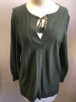 LOFT, Olive Green, Cotton, Solid, Long Sleeves, Tassels Tie at Neck, Pullover, Knit, Rib Knit Cuffs
