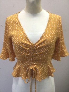 N/L, Turmeric Yellow, White, Polyester, Polka Dots, Turmeric Yellow with White Irregular Polka Dots/Circles Pattern, Textured Crepe, 1/2 Sleeves with Ruffled Edge, V-neck, Ruched Seam Vertically Down Center Front with Pull Ties, Peplum Waist, Elastic Waist, Short/Cropped Length