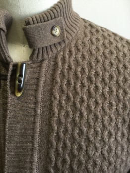 Mens, Cardigan Sweater, GIANNI MARCELO, Lt Brown, Wool, Viscose, Heathered, XXL, Novelty Wavy Stripe Knit Front/Top Sleeve, Ribbed Knit High Collar/Placket/Waistband/Cuff, Toggle/Loop Front, Button Tab Collar Detail