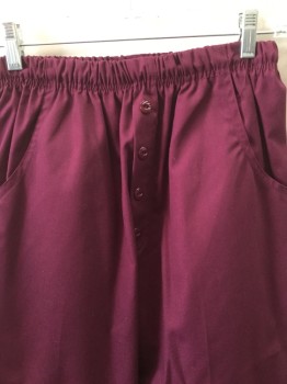 LIFE, Red Burgundy, Cotton, Solid, Elastic Waist, Slit Pockets, Faux Button Front,