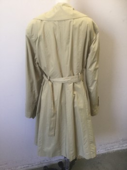 Womens, Coat, Trenchcoat, DKNY, Khaki Brown, Cotton, Nylon, Solid, S, Single Breasted, 3 Button Front, Wide Lapel, Lightly Padded Shoulders, 2 Large Patch Pockets at Hips with Button Flap Closures, Large Box Pleat at Center Back and Below Each Pocket in Front, **With Matching Self Belt