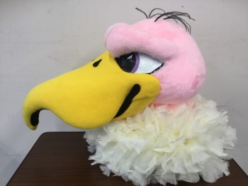 Unisex, Walkabout, FACEMAKERS, Yellow, Pink, White, Faux Fur, Feathers, S/M, VULTURE: Paper Mache, Yellow Felt Beak, Lt Pink Faux Fur Head, Ruffled White Feather Neck, White Mesh Neck to See Through