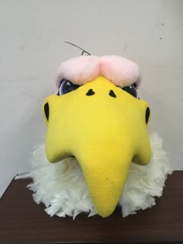 FACEMAKERS, Yellow, Pink, White, Faux Fur, Feathers, VULTURE: Paper Mache, Yellow Felt Beak, Lt Pink Faux Fur Head, Ruffled White Feather Neck, White Mesh Neck to See Through