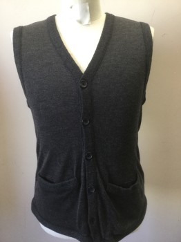 Mens, Sweater Vest, NL, Charcoal Gray, Cashmere, Solid, 40, Knit, Heathered Charcoal, V-neck, Button Front, Slit Pockets