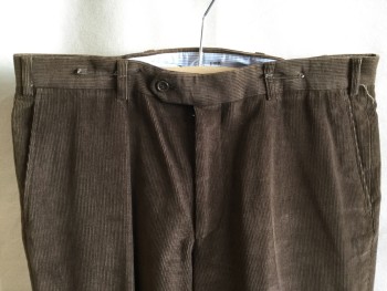 HARRY ROSEN, Brown, Cotton, Elastane, Solid, Corduroy, 1.5" Waistband with Belt Hoops, Flat Front, Zip Front, 4 Pockets