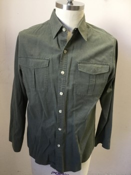 CONVERSE, Olive Green, Cotton, Solid, Button Front, Collar Attached, Long Sleeves, 2 Flap Pockets