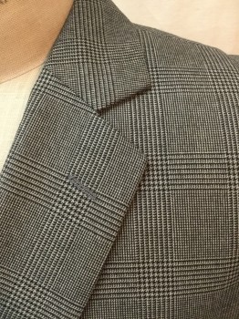 STAFFORD, Black, White, Wool, Glen Plaid, 2 Button Single Breasted, 3 Pockets, 2 Slits at Back