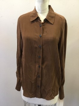 BILL HARTGATE, Brown, Black, Silk, Stripes - Vertical , Long Sleeves, Button Front, Collar Attached,