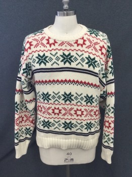 GREAT LAKES, White, Red, Green, Navy Blue, Cotton, Holiday, Stripes, Snowflake Stripes, Solid White Ribbed Knit Crew Neck/Waistband/Cuff