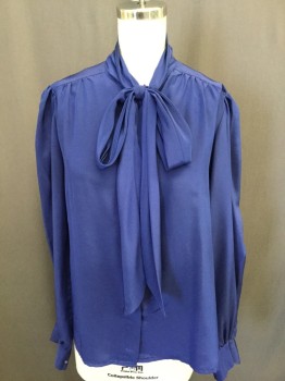 ALEXANDRIA, Navy Blue, Silk, Solid, Pussy Bow, B.F., Hidden Placket, Gathered at Yolk, Bishop Sleeves