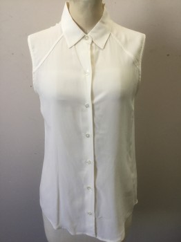 EVERLANE, Cream, Silk, Solid, Chiffon, Sleeveless, Button Front, Collar Attached, Diagonal Seams at Upper Chest/Shoulders