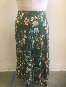 Womens, Skirt, Long, VELVET, Sea Foam Green, Cream, Peach Orange, Multi-color, Viscose, Floral, M, Seafoam with Colorful Floral Pattern, Crepe, 1.5" Waistband, Midi-Length (Hits Mid Calf), Bias Cut, Flared, Invisible Zipper at Center Back
