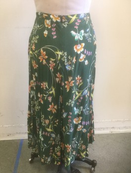 Womens, Skirt, Long, VELVET, Sea Foam Green, Cream, Peach Orange, Multi-color, Viscose, Floral, M, Seafoam with Colorful Floral Pattern, Crepe, 1.5" Waistband, Midi-Length (Hits Mid Calf), Bias Cut, Flared, Invisible Zipper at Center Back