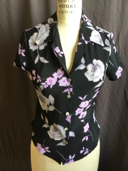 WANTED CLOTHING CO, Black, Lavender Purple, Gray, Polyester, Floral, Notched Lapel, Button Front, Short Sleeves, Uneven Hem