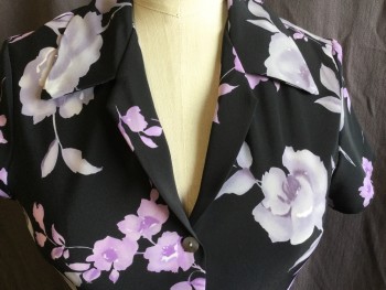 WANTED CLOTHING CO, Black, Lavender Purple, Gray, Polyester, Floral, Notched Lapel, Button Front, Short Sleeves, Uneven Hem