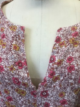 CASLON, Multi-color, Off White, Red Burgundy, Pink, Chartreuse Green, Cotton, Viscose, Floral, Off White Background with Busy Burgundy, Pink, and Chartreuse Floral Pattern, Gauze, Long Sleeve with Gathered Bottom/Wrists, Round Neck with Deep V Notch at Center Front, Gathered at Center Front Waist and Shoulder Seams