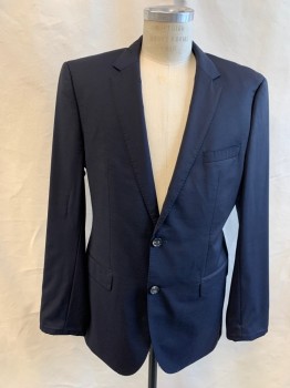 HUGO BOSS, Navy Blue, Wool, Solid, Single Breasted, Collar Attached, Notched Lapel, Hand Picked Collar/Lapel, 2 Buttons, 3 Pockets