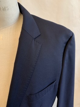 HUGO BOSS, Navy Blue, Wool, Solid, Single Breasted, Collar Attached, Notched Lapel, Hand Picked Collar/Lapel, 2 Buttons, 3 Pockets