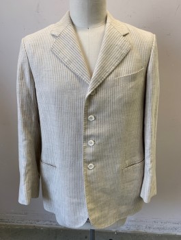 SIAM COSTUMES , Cream, Lt Olive Grn, Cotton, Stripes - Vertical , Single Breasted, 4 Buttons, Notched Lapel, 3 Pockets, Made To Order, Sack Suit