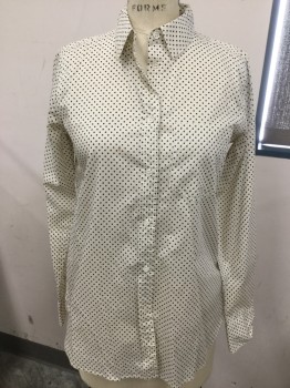JCREW, Cream, Navy Blue, Cotton, Polka Dots, Collar Attached, Button Front, Long Sleeves,chest Pocket