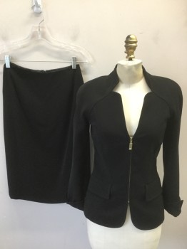 Womens, Suit, Jacket, N/L, Black, Synthetic, Solid, W24, B32, Zip Front, Body Contour Seam Lines, Stand Collar, Plain Weave, Cuffs
