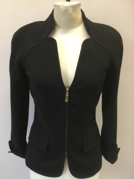 N/L, Black, Synthetic, Solid, Zip Front, Body Contour Seam Lines, Stand Collar, Plain Weave, Cuffs