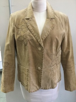 Womens, Leather Jacket, COLDWATER CREEK, Tan Brown, Suede, Leather, Solid, PL, 2 Button Front , Patch Pockets, Notched Lapel, Self Daisy Apllique, Leather Twine Detail