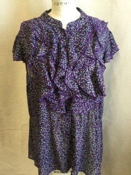 SUNNY LEIGH, Gray, Slate Blue, Purple, Black, Ecru, Polyester, Abstract , 1" Round Neck Trim, Ruffles Work Yoke Front, Button Front, 2 Tiers Elephant Cap Sleeves,