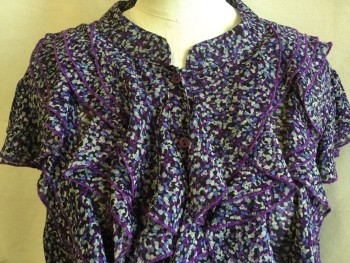 SUNNY LEIGH, Gray, Slate Blue, Purple, Black, Ecru, Polyester, Abstract , 1" Round Neck Trim, Ruffles Work Yoke Front, Button Front, 2 Tiers Elephant Cap Sleeves,