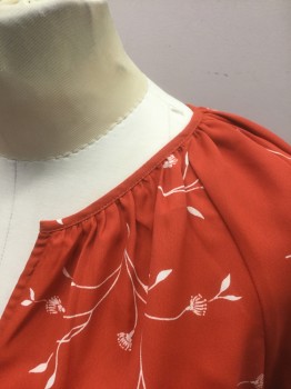 JOIE, Tomato Red, White, Silk, Leaves/Vines , Tomato with White Vines/Plant Pattern, Crepe, Long Sleeves, Gathered Round Neck with V Notch at Center, Billowy Raglan Sleeves, Gathered at Cuffs, Tomato Lace Edging at Hem