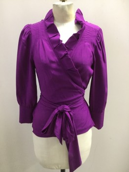 DVF, Purple, Silk, Solid, Ruffle Pleated Shawl Collar to Belt, Wrap Shirt, Gathered Inset Long Sleeves, Extended Cuff with Gold Ball/Loop Cuff Closure, Pleated From Shoulders