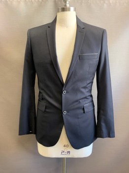 ZARA, Black, Wool, Solid, Notched Lapel, Single Breasted, Button Front, 2 Buttons, 1 Chest Pocket, 3 Pockets
