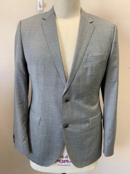 BOSS, Lt Gray, Wool, Heathered, Heathered Micro-weave, 2 Button Front, Notched Lapel, 3 Pockets,