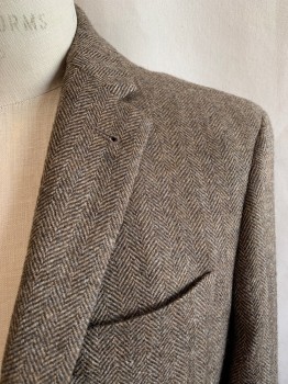 JOS. A. BANKS, Lt Brown, Brown, Dk Brown, Wool, Herringbone, Single Breasted, 2 Buttons, Notched Lapel, 3 Pockets, Elbow Patches, Double Vent