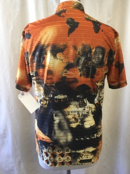 POSITANO, Orange, Black, Yellow, Polyester, Graphic, Self Sheer Horizontal Striped, Novelty Print, See Photo Attached, Short Sleeves, Button Front, Collar Attached,