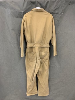 Mens, Coveralls/Jumpsuit, JFF, Khaki Brown, Cotton, Solid, 42, Zip Front, Collar Attached, Long Sleeves, 6+ Pockets, Ferrari Patch on Left Chest Pocket, Self Buckle Belt Attached at Back