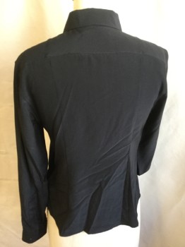 SANT LAURENT, Black, Silk, Solid, Collar Attached, Button Front, Long Sleeves, Curved Hem