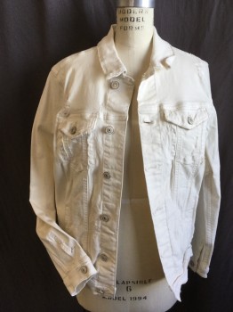 Womens, Jean Jacket, MAVI JEANS, Off White, Cotton, Elastane, Solid, M, Repair/frayed Holes, Wrinkle, Off White Denim, Collar Attached, Off White/brass Button Front, 4 Pockets, Long Sleeves,