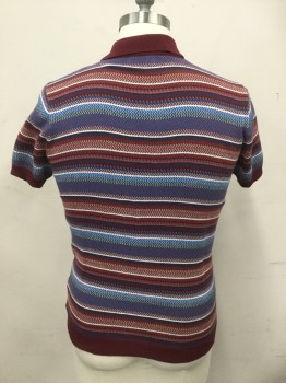 ZARA, Maroon Red, Blue, White, Orange, Dk Green, Cotton, Thick Knit, Horizontal Arrowed Stripes, S/S, Solid Maroon Collar Attached/Placket & Ribbed Knit Cuff/Waistband