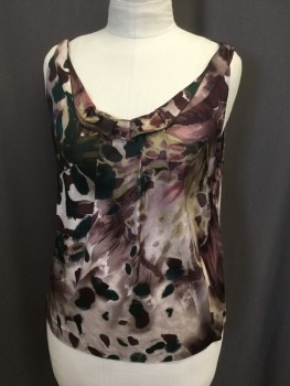 Womens, Shell, ELLIE TAHARI, Plum Purple, Mauve Pink, Emerald Green, Silk, Abstract , L, Watercolor Abstract Print on Silk Satin, Scoop Neck with Novelty Self Ruffled Neck Front