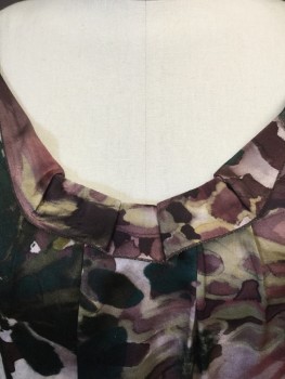 ELLIE TAHARI, Plum Purple, Mauve Pink, Emerald Green, Silk, Abstract , Watercolor Abstract Print on Silk Satin, Scoop Neck with Novelty Self Ruffled Neck Front