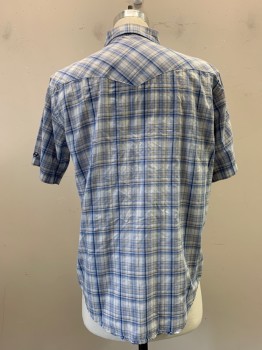 Mens, Western, ANCHOR BLUE, Periwinkle Blue, Beige, White, Beige, Black, Poly/Cotton, Plaid, S, Snap Button Front, Collar Attached, Short Sleeves, Western Yolk