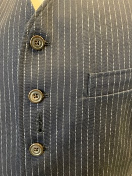 Mens, Suit, Vest, DOUBLE RL , Navy Blue, Off White, Cotton, Stripes - Pin, 38, Heavy Weight Cotton, 6 Buttons, 4 Pockets, One Vertical Button Hole, Retro