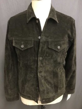 Mens, Leather Jacket, Jonathan A. Logan, Dk Brown, Suede, Solid, 42, Long Sleeves, Button Front, Brass Buttons, Welt Pockets, Chest Pockets with Button Down Flaps, Collar Attached, Suede