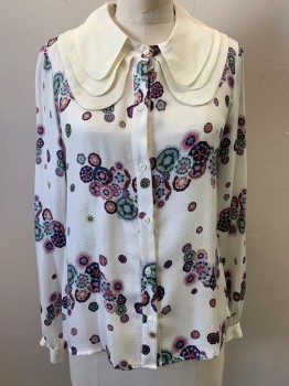 Womens, Blouse, WREN, White, Pink, Green, Blue, Aubergine Purple, Polyester, Floral, Abstract , M, Mosaic Floral Pattern, Self Circle Pattern, Ivory Triple Layer Peter Pan Collar, Button Front, Long Sleeves, Ivory Cuffs *Beige Make Up Stain on Right Collar