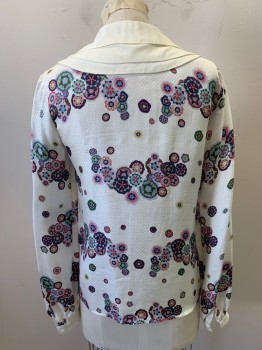 Womens, Blouse, WREN, White, Pink, Green, Blue, Aubergine Purple, Polyester, Floral, Abstract , M, Mosaic Floral Pattern, Self Circle Pattern, Ivory Triple Layer Peter Pan Collar, Button Front, Long Sleeves, Ivory Cuffs *Beige Make Up Stain on Right Collar