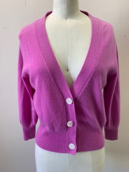 ALLUDE, Lilac Purple, Cashmere, Solid, 3 White Button Front, V-neck, Ribbed Knit Waistband/Cuff, 3/4 Sleeve